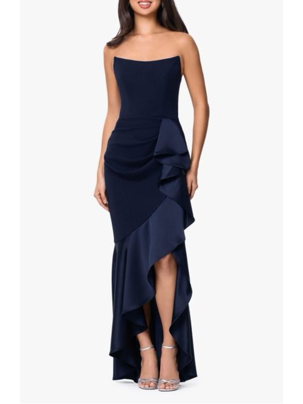 Betsy&Adam Blue Satin Ruffle Detail Strapless Scuba Crepe Corset Gown. Sz 2 #536